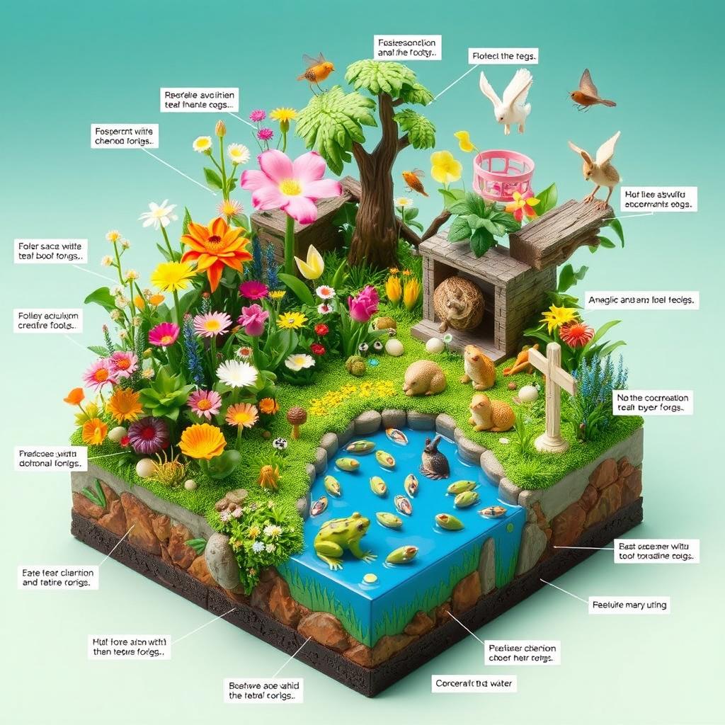 A vibrant 3D diorama depicting a hypothetical community teeming with life, showcasing various organisms such as plants, animals, and insects interacting within their ecosystem