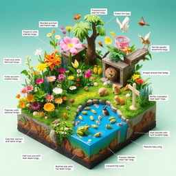 A vibrant 3D diorama depicting a hypothetical community teeming with life, showcasing various organisms such as plants, animals, and insects interacting within their ecosystem