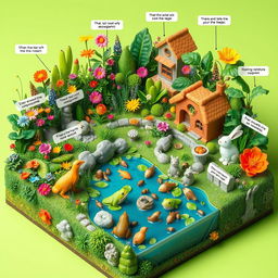 A vibrant 3D diorama depicting a hypothetical community teeming with life, showcasing various organisms such as plants, animals, and insects interacting within their ecosystem