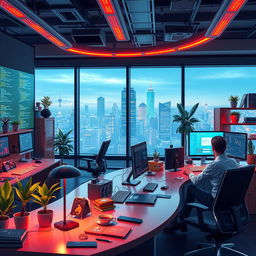 A vibrant and imaginative scene depicting a 'programmer's paradise': a modern, futuristic office space filled with state-of-the-art technology