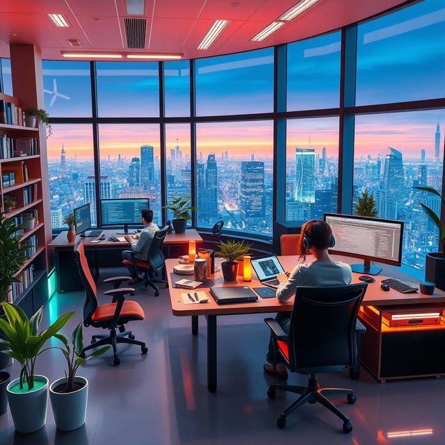 A vibrant and imaginative scene depicting a 'programmer's paradise': a modern, futuristic office space filled with state-of-the-art technology