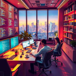 A vibrant and imaginative scene depicting a 'programmer's paradise': a modern, futuristic office space filled with state-of-the-art technology