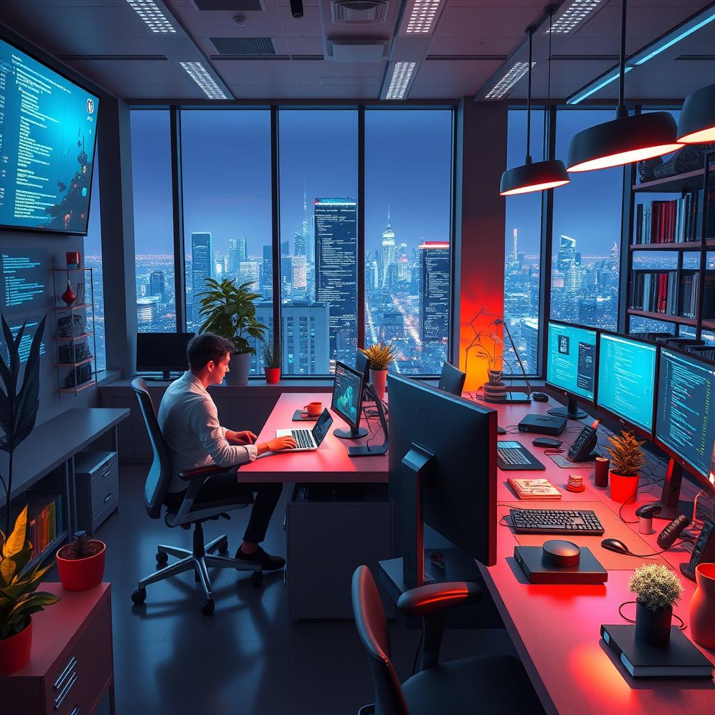 A vibrant and imaginative scene depicting a 'programmer's paradise': a modern, futuristic office space filled with state-of-the-art technology