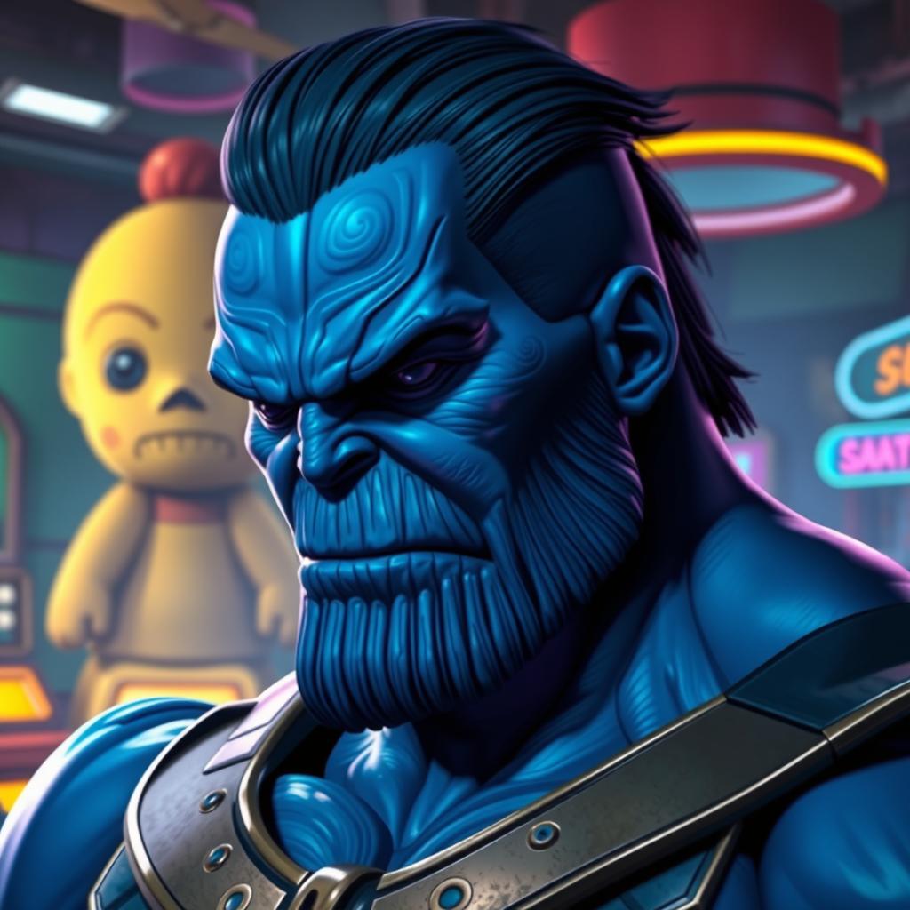 A digitally rendered image of Thanos from Marvel Comics, featuring his iconic blue skin and strong facial structure
