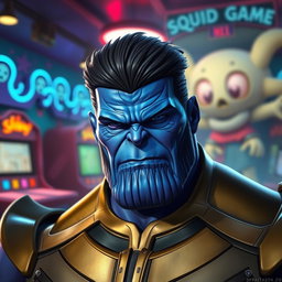 A digitally rendered image of Thanos from Marvel Comics, featuring his iconic blue skin and strong facial structure