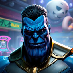 A digitally rendered image of Thanos from Marvel Comics, featuring his iconic blue skin and strong facial structure