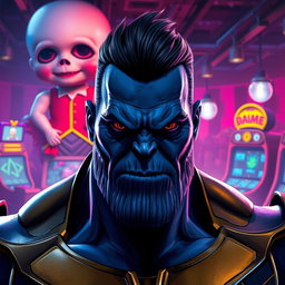 A digitally rendered image of Thanos from Marvel Comics, featuring his iconic blue skin and strong facial structure