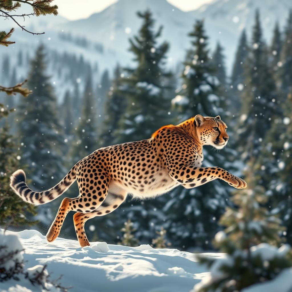 A successful cheetah training in a snowy mountainous forest