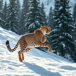 A successful cheetah training in a snowy mountainous forest