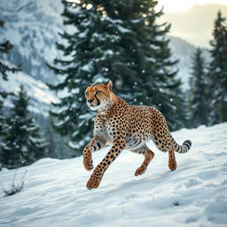 A successful cheetah training in a snowy mountainous forest