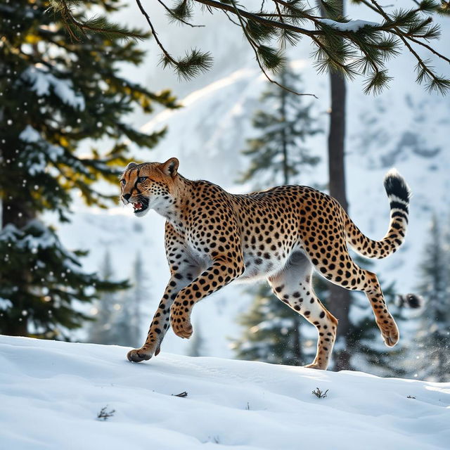 A successful cheetah training in a snowy mountainous forest