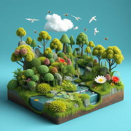 A vibrant 3D model diorama depicting a hypothetical community ecosystem, showcasing diverse plants, animals, and microorganisms in a harmonious environment