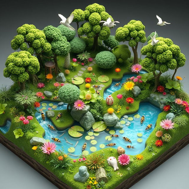 A vibrant 3D model diorama depicting a hypothetical community ecosystem, showcasing diverse plants, animals, and microorganisms in a harmonious environment