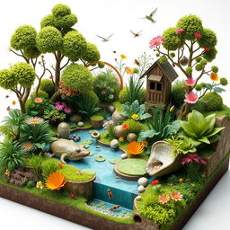 A vibrant 3D model diorama depicting a hypothetical community ecosystem, showcasing diverse plants, animals, and microorganisms in a harmonious environment