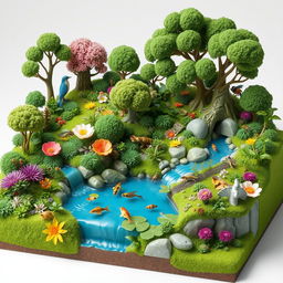 A vibrant 3D model diorama depicting a hypothetical community ecosystem, showcasing diverse plants, animals, and microorganisms in a harmonious environment