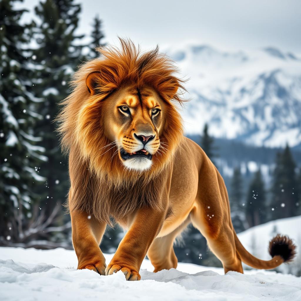 A fierce and successful lion training in a snowy mountain landscape surrounded by a dense forest