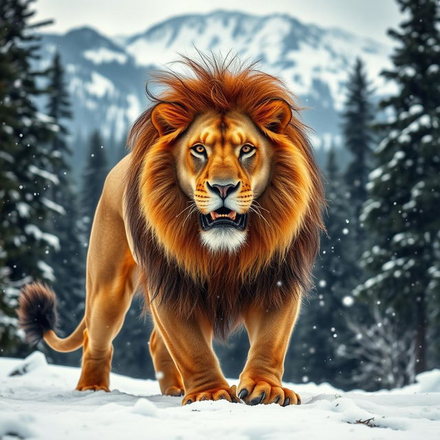 A fierce and successful lion training in a snowy mountain landscape surrounded by a dense forest