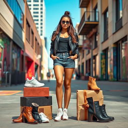 A stylish young woman standing confidently in a trendy urban setting, showcasing a variety of fashionable shoes