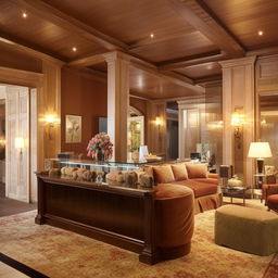 A warm and cozy reception area, lavishly furnished with luxurious furniture, indicating a high level of comfort and elegance.