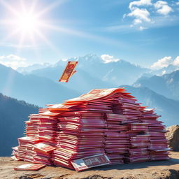 An artistic depiction of a large pile of Nepalese Rupees, specifically forty lakh