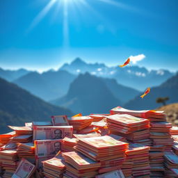 An artistic depiction of a large pile of Nepalese Rupees, specifically forty lakh