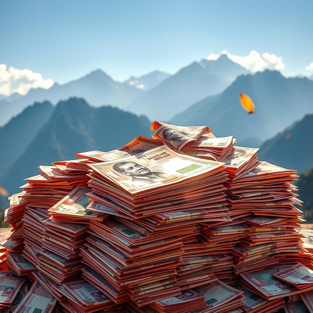 An artistic depiction of a large pile of Nepalese Rupees, specifically forty lakh