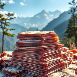 An artistic depiction of a large pile of Nepalese Rupees, specifically forty lakh