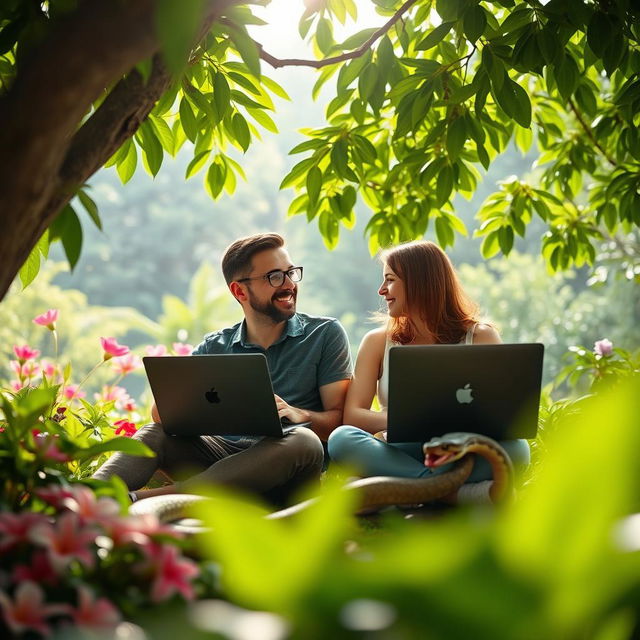 A programmer couple, a man and a woman, sitting together under a lush green tree