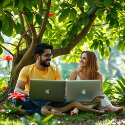 A programmer couple, a man and a woman, sitting together under a lush green tree