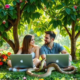 A programmer couple, a man and a woman, sitting together under a lush green tree