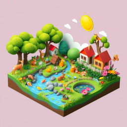 A vibrant and colorful 3D diorama of a fictional community showcasing various habitats interacting with living organisms