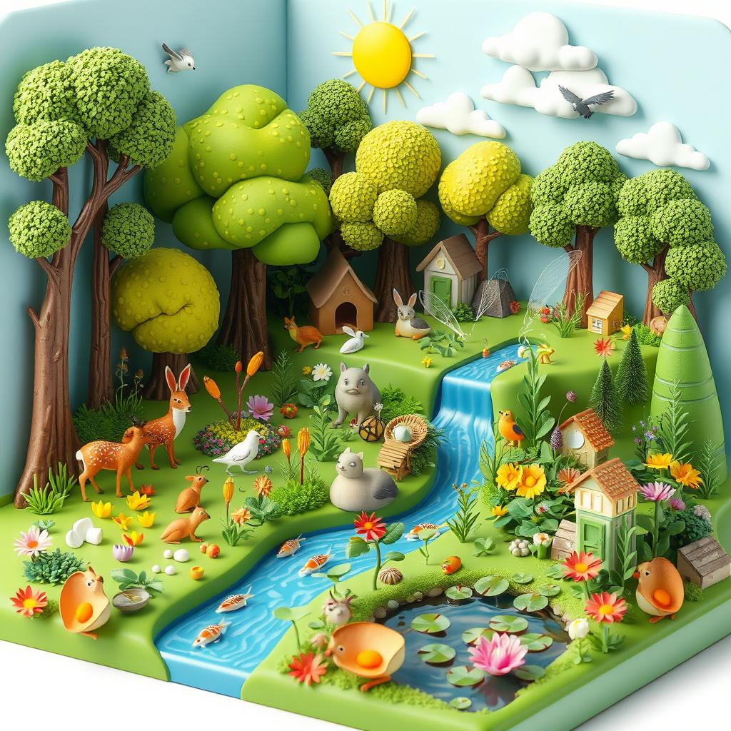 A vibrant and colorful 3D diorama of a fictional community showcasing various habitats interacting with living organisms