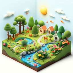 A vibrant and colorful 3D diorama of a fictional community showcasing various habitats interacting with living organisms