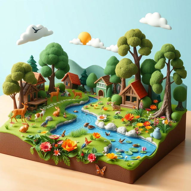 A vibrant and colorful 3D diorama of a fictional community showcasing various habitats interacting with living organisms