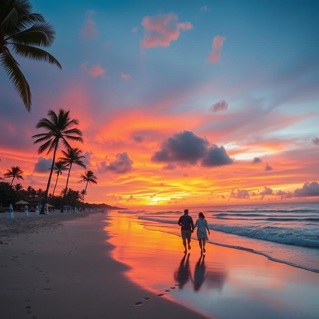 A serene landscape featuring a serene beach at sunset, with vibrant hues of orange, pink, and purple in the sky reflecting on the calm ocean waves