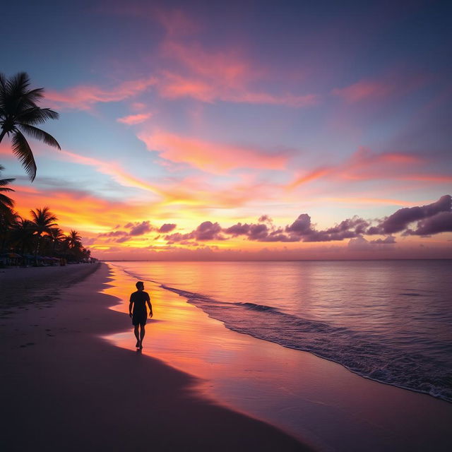 A serene landscape featuring a serene beach at sunset, with vibrant hues of orange, pink, and purple in the sky reflecting on the calm ocean waves