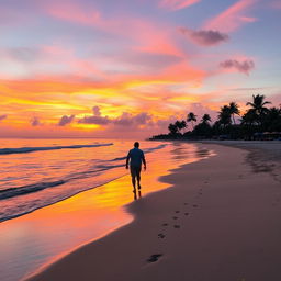 A serene landscape featuring a serene beach at sunset, with vibrant hues of orange, pink, and purple in the sky reflecting on the calm ocean waves