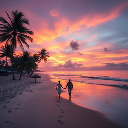 A serene landscape featuring a serene beach at sunset, with vibrant hues of orange, pink, and purple in the sky reflecting on the calm ocean waves