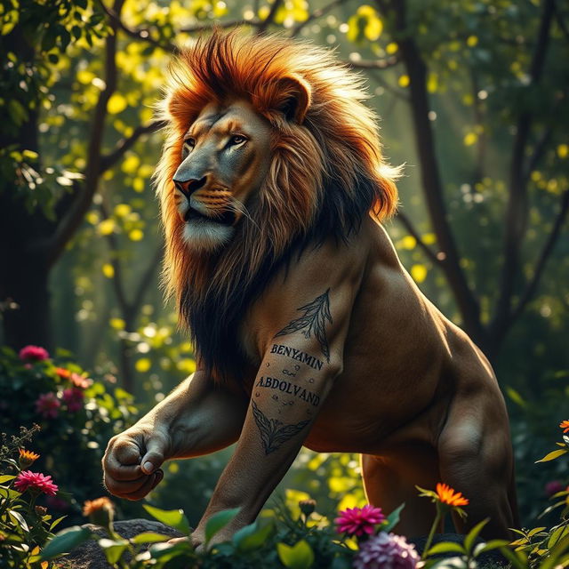 A fierce and successful lion, known as the king of the jungle, practicing in a vibrant, lush forest