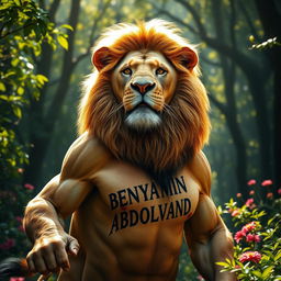 A fierce and successful lion, known as the king of the jungle, practicing in a vibrant, lush forest