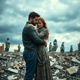 A poignant scene of a man and woman deeply in love, standing amidst a war-torn landscape that reflects the devastation of their country