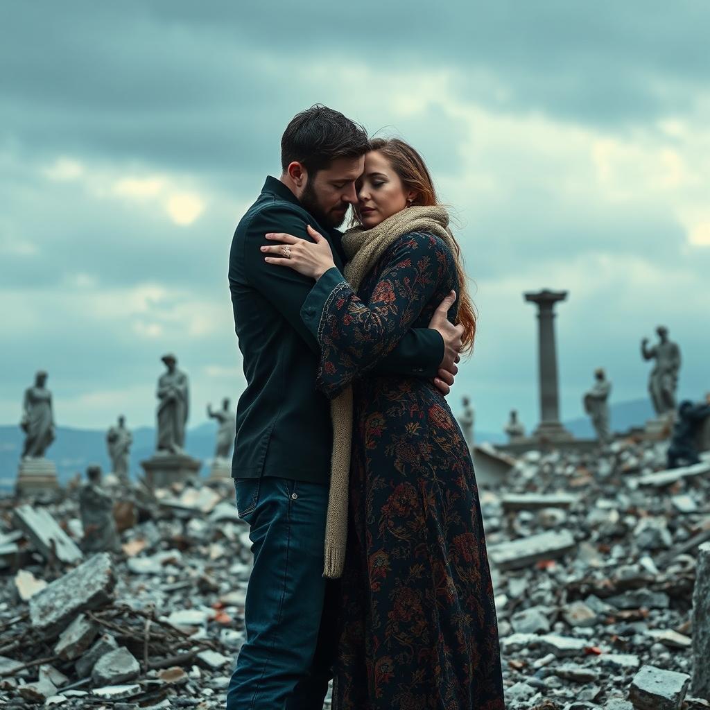 A poignant scene of a man and woman deeply in love, standing amidst a war-torn landscape that reflects the devastation of their country