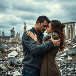 A poignant scene of a man and woman deeply in love, standing amidst a war-torn landscape that reflects the devastation of their country