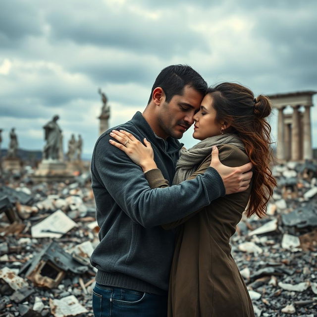 A poignant scene of a man and woman deeply in love, standing amidst a war-torn landscape that reflects the devastation of their country