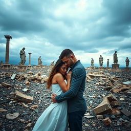 A poignant scene of a man and woman deeply in love, standing amidst a war-torn landscape that reflects the devastation of their country