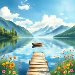 A serene lakeside scene for a book cover, featuring calm waters reflecting the sky, surrounded by lush greenery and colorful wildflowers in bloom