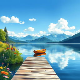 A serene lakeside scene for a book cover, featuring calm waters reflecting the sky, surrounded by lush greenery and colorful wildflowers in bloom