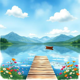A serene lakeside scene for a book cover, featuring calm waters reflecting the sky, surrounded by lush greenery and colorful wildflowers in bloom