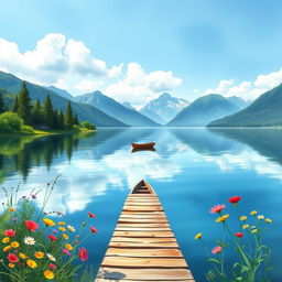 A serene lakeside scene for a book cover, featuring calm waters reflecting the sky, surrounded by lush greenery and colorful wildflowers in bloom