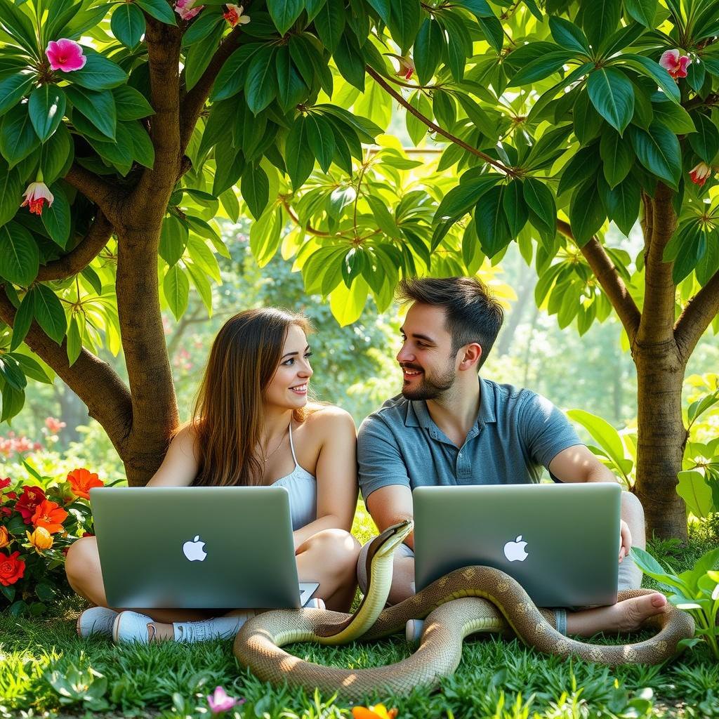 A programmer couple, a man and a woman, sitting together under a lush green tree, surrounded by a serene paradise-like setting